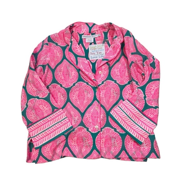 Gretchen Scott Pajamas Teal Pink Indian Summer PJ Set Large New $129 - Picture 5 of 8